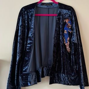 ZARA woman top wrap shirt long sleeve blue velvet sequin parrot classy medium